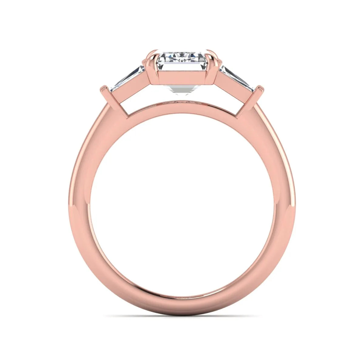 IGI Certified 2.20 carat emerald cut lab grown diamond engagement ring with tapered baguette side diamonds in rose gold.