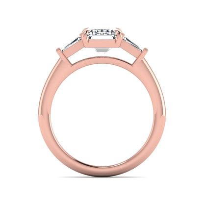 IGI Certified 2.20 carat emerald cut lab grown diamond engagement ring with tapered baguette side diamonds in rose gold.