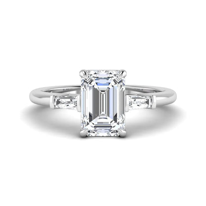 IGI Certified 2.20 carat emerald cut lab grown diamond engagement ring with tapered baguette side diamonds in white gold.