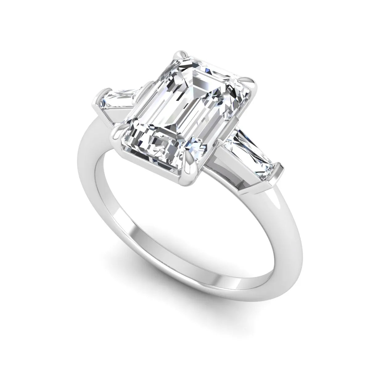 IGI Certified 2.20 carat emerald cut lab grown diamond engagement ring with tapered baguette side diamonds in white gold.