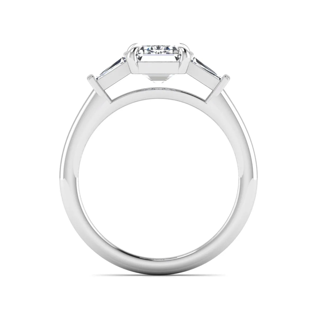 IGI Certified 2.20 carat emerald cut lab grown diamond engagement ring with tapered baguette side diamonds in white gold.