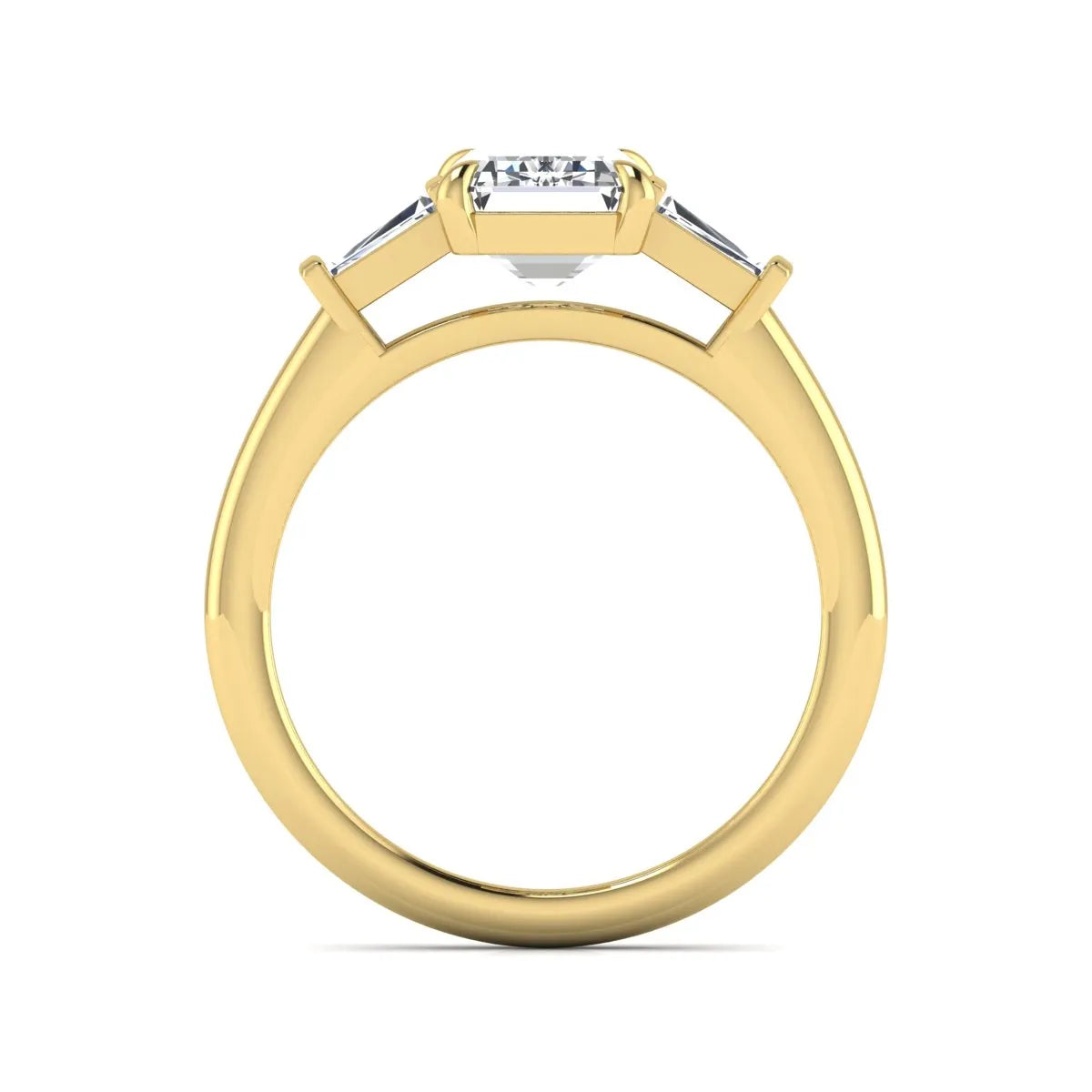 IGI Certified 2.20 carat emerald cut lab grown diamond engagement ring with tapered baguette side diamonds in yellow gold.