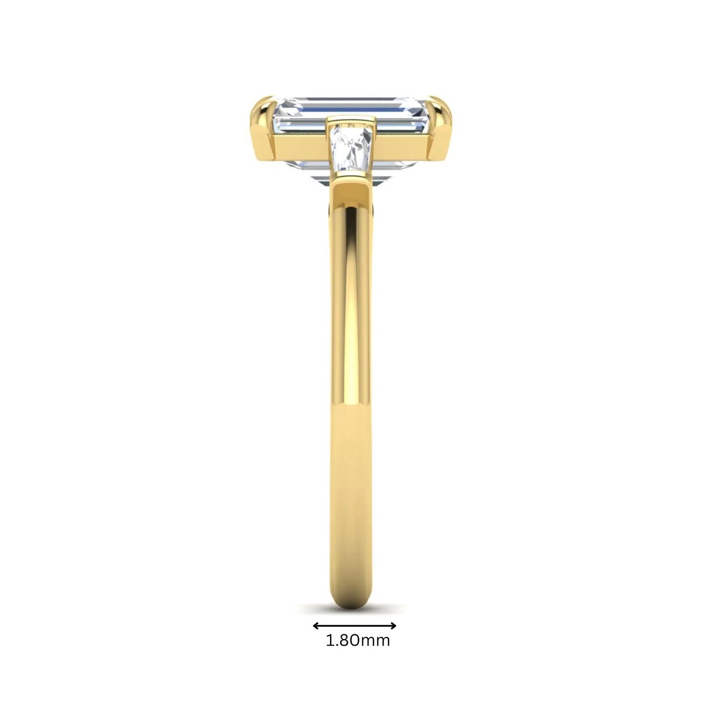 IGI Certified 2.20 carat emerald cut lab grown diamond engagement ring with tapered baguette side diamonds in yellow gold.
