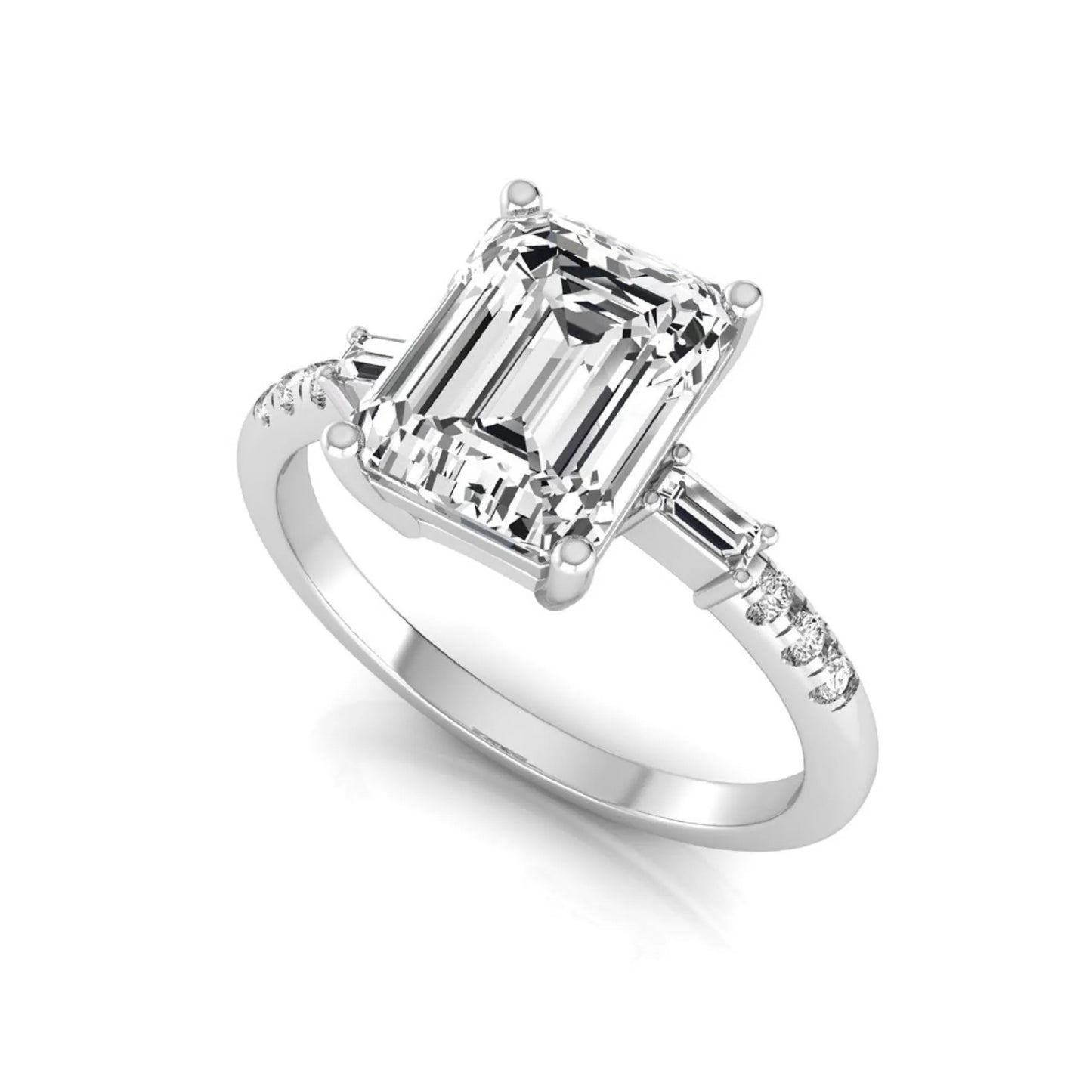 Emerald cut lab grown diamond engagement ring featuring an IGI certified center diamond with baguette and round side diamonds in a classic four-prong three-stone setting in white gold