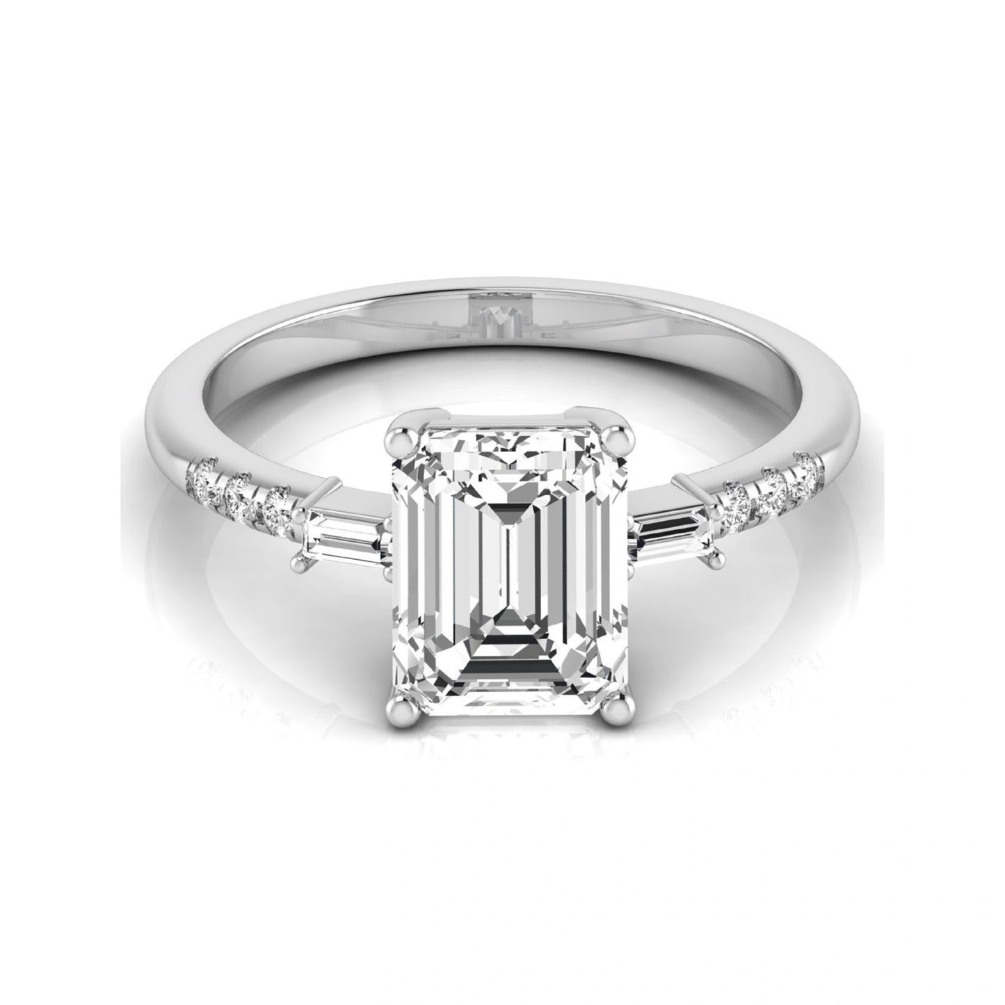 Emerald cut lab grown diamond engagement ring featuring an IGI certified center diamond with baguette and round side diamonds in a classic four-prong three-stone setting in white gold