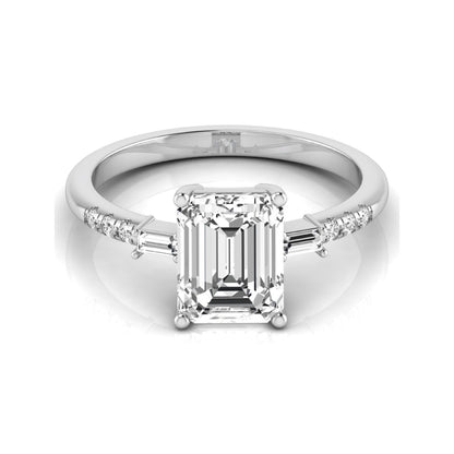 Emerald cut lab grown diamond engagement ring featuring an IGI certified center diamond with baguette and round side diamonds in a classic four-prong three-stone setting in white gold