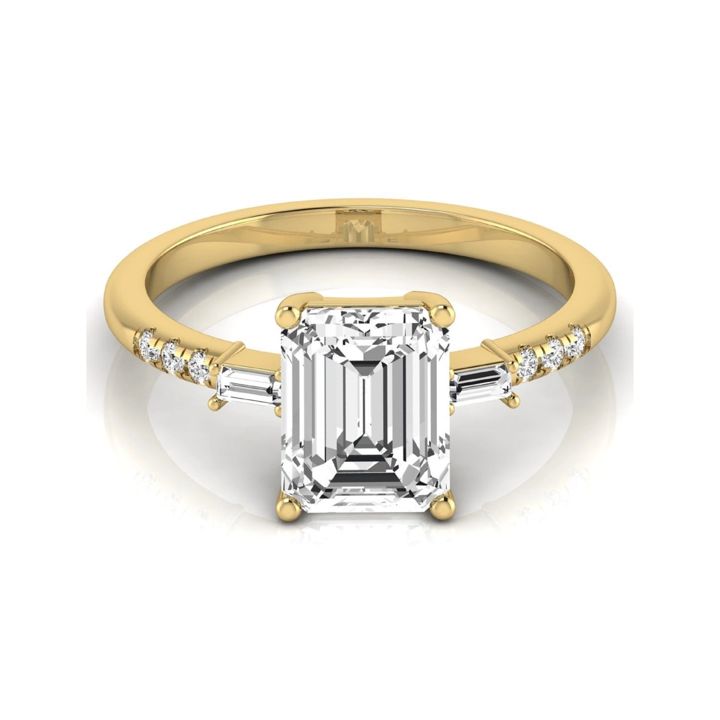 Emerald cut lab grown diamond engagement ring featuring an IGI certified center diamond with baguette and round side diamonds in a classic four-prong three-stone setting in yellow gold