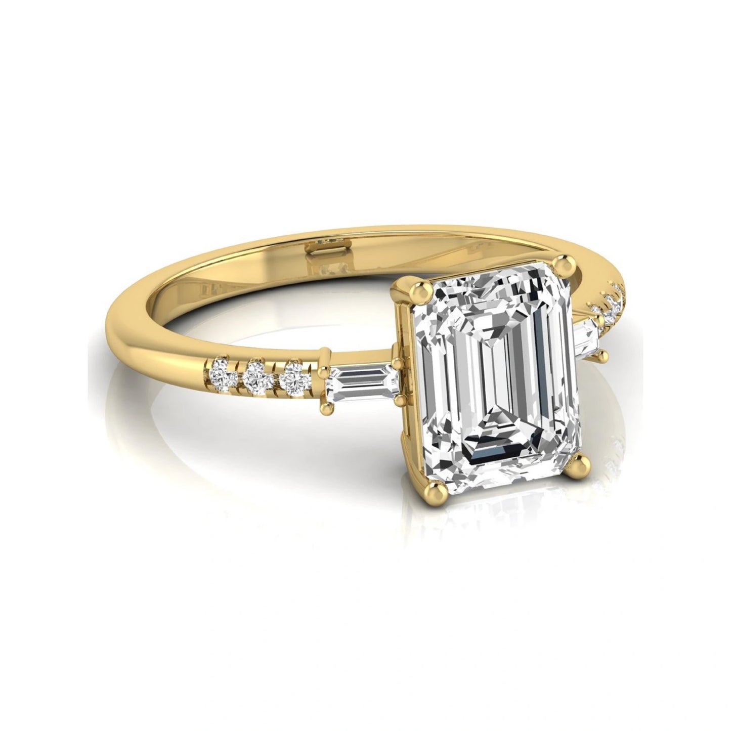 Emerald cut lab grown diamond engagement ring featuring an IGI certified center diamond with baguette and round side diamonds in a classic four-prong three-stone setting in yellow gold