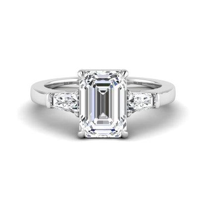 Emerald three stone prong set lab grown diamond engagement ring featuring a 3.00 carat emerald cut center diamond with tapered baguette side diamonds in white gold finish.