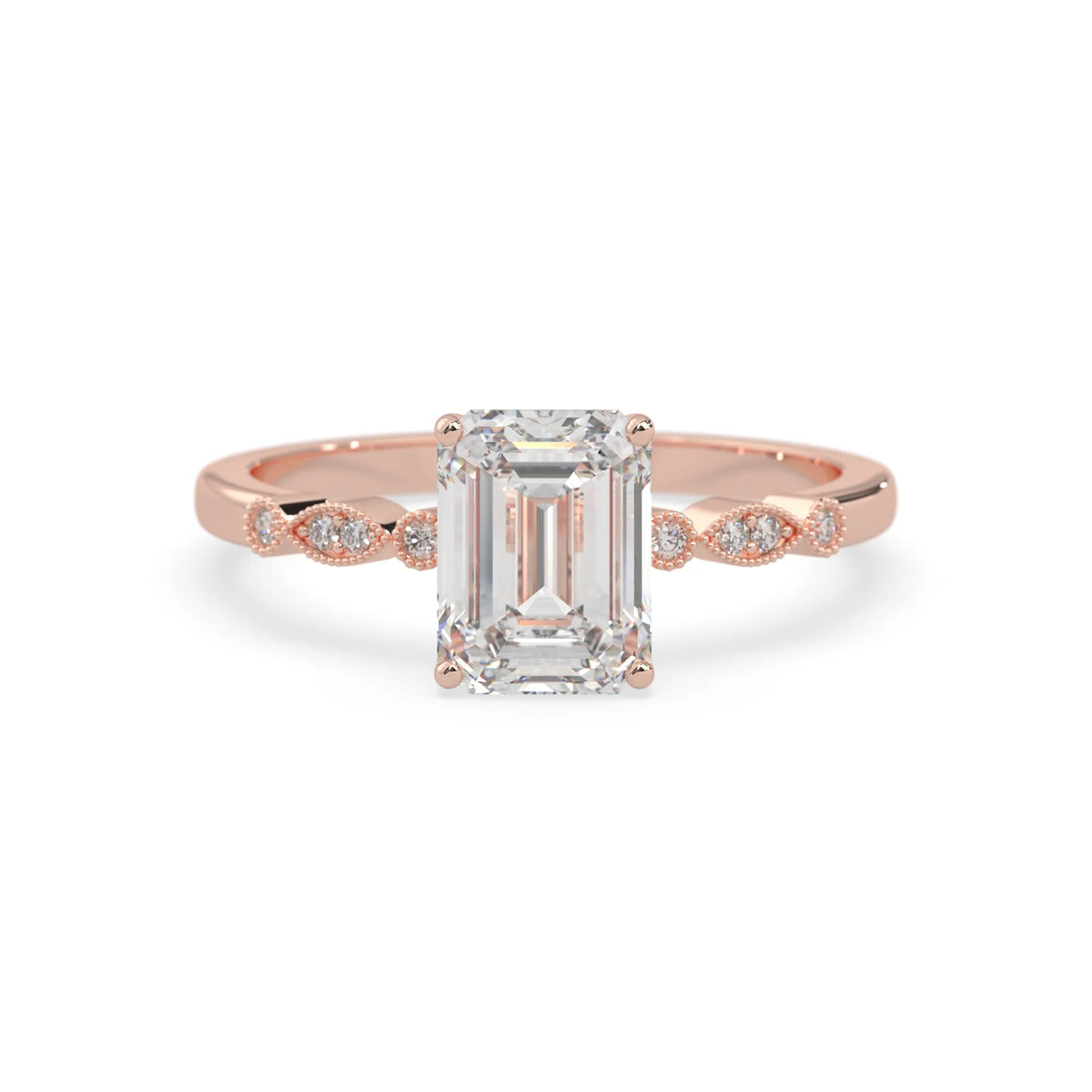 Emerald vintage pave lab grown diamond engagement ring with 2 carat center diamond in rose gold