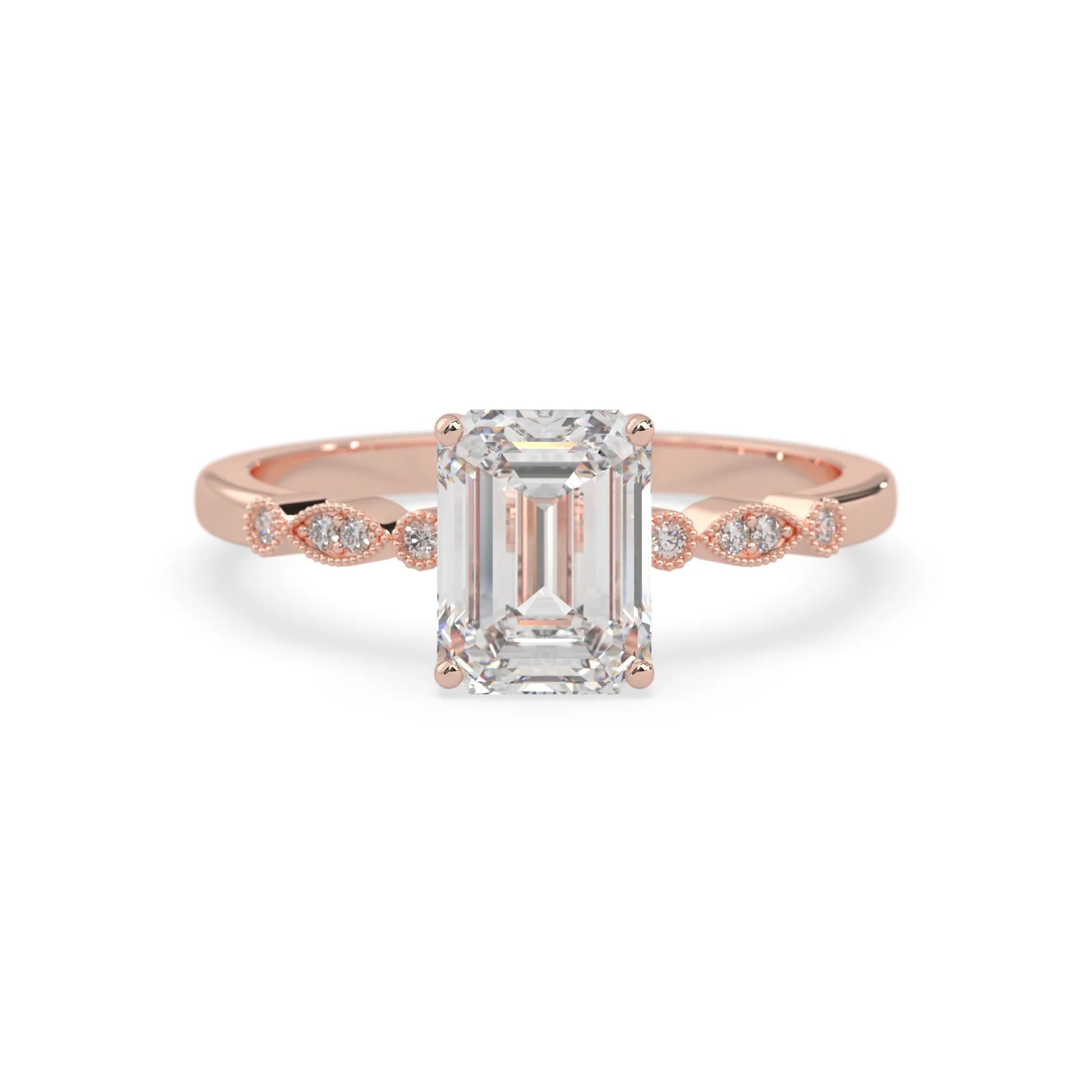 Emerald vintage pave lab grown diamond engagement ring with 2 carat center diamond in rose gold