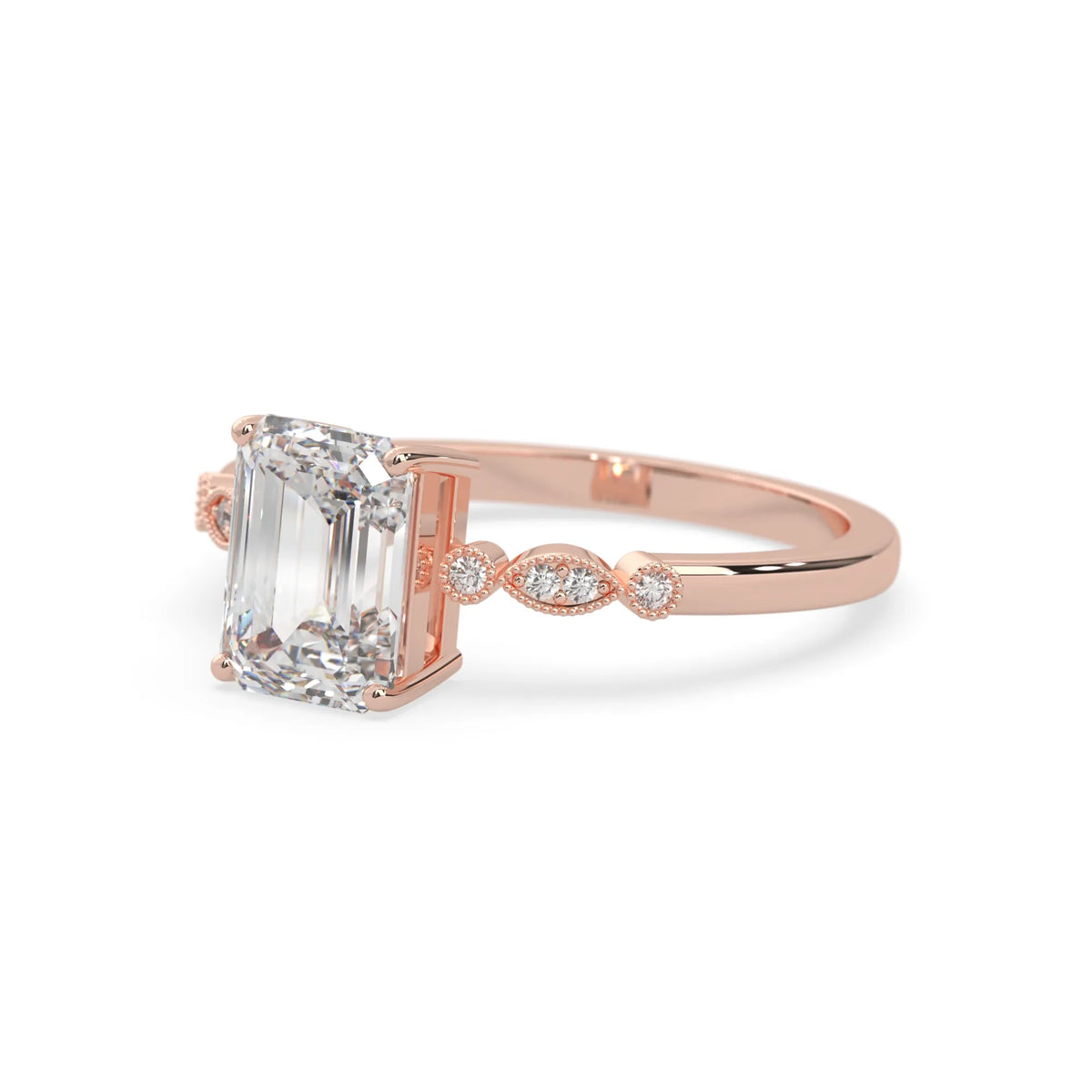 Emerald vintage pave lab grown diamond engagement ring with 2 carat center diamond in rose gold