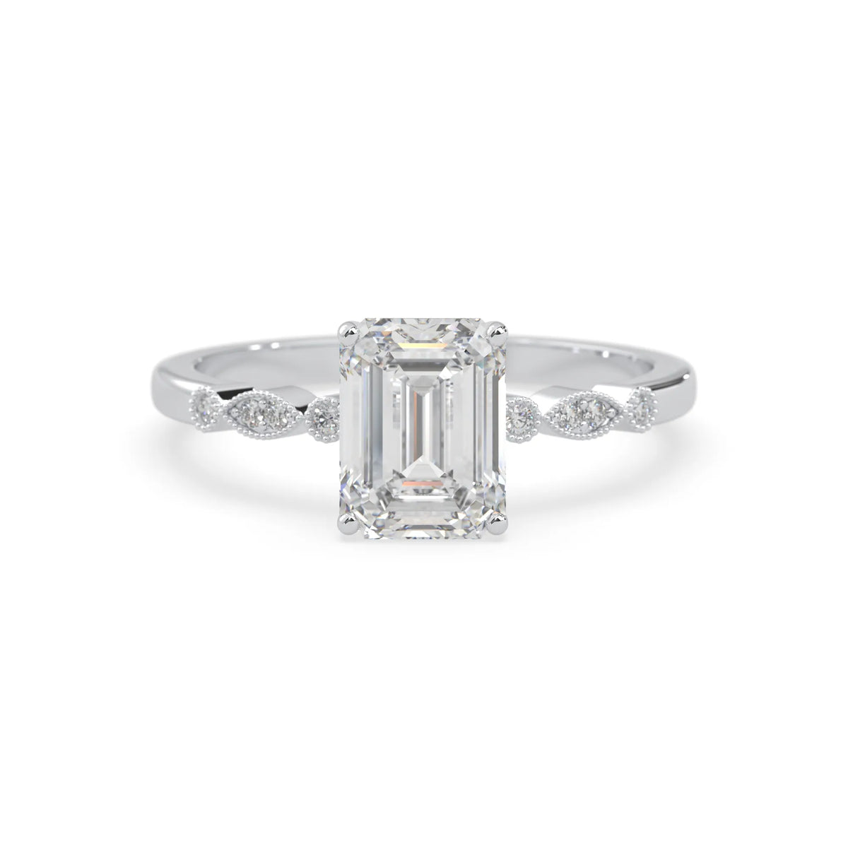Emerald vintage pave lab grown diamond engagement ring with 2 carat center diamond in white gold