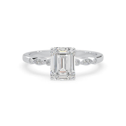 Emerald vintage pave lab grown diamond engagement ring with 2 carat center diamond in white gold