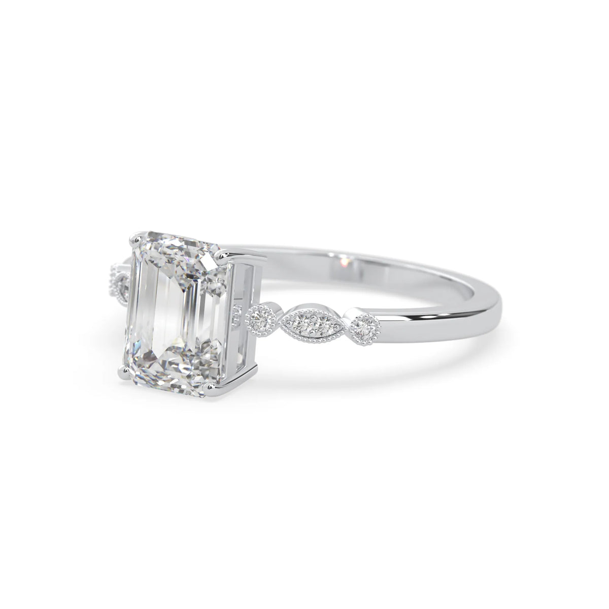 Emerald vintage pave lab grown diamond engagement ring with 2 carat center diamond in white gold