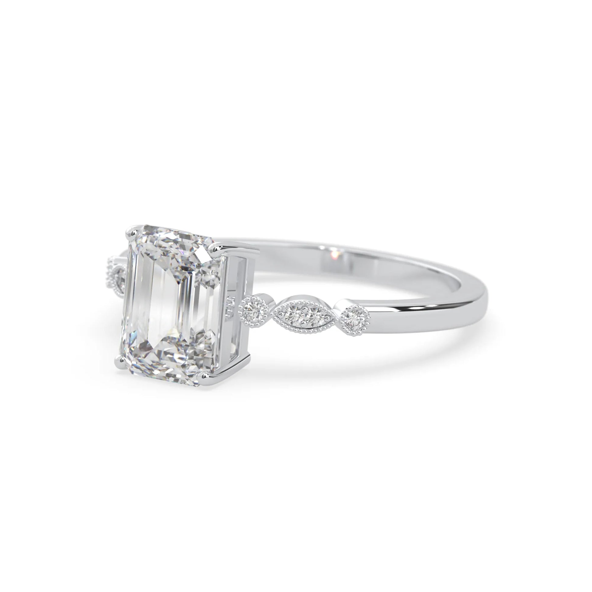 Emerald vintage pave lab grown diamond engagement ring with 2 carat center diamond in white gold