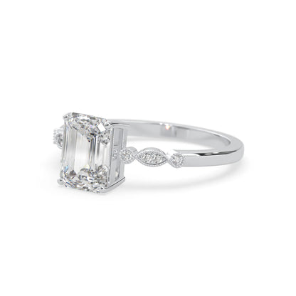 Emerald vintage pave lab grown diamond engagement ring with 2 carat center diamond in white gold