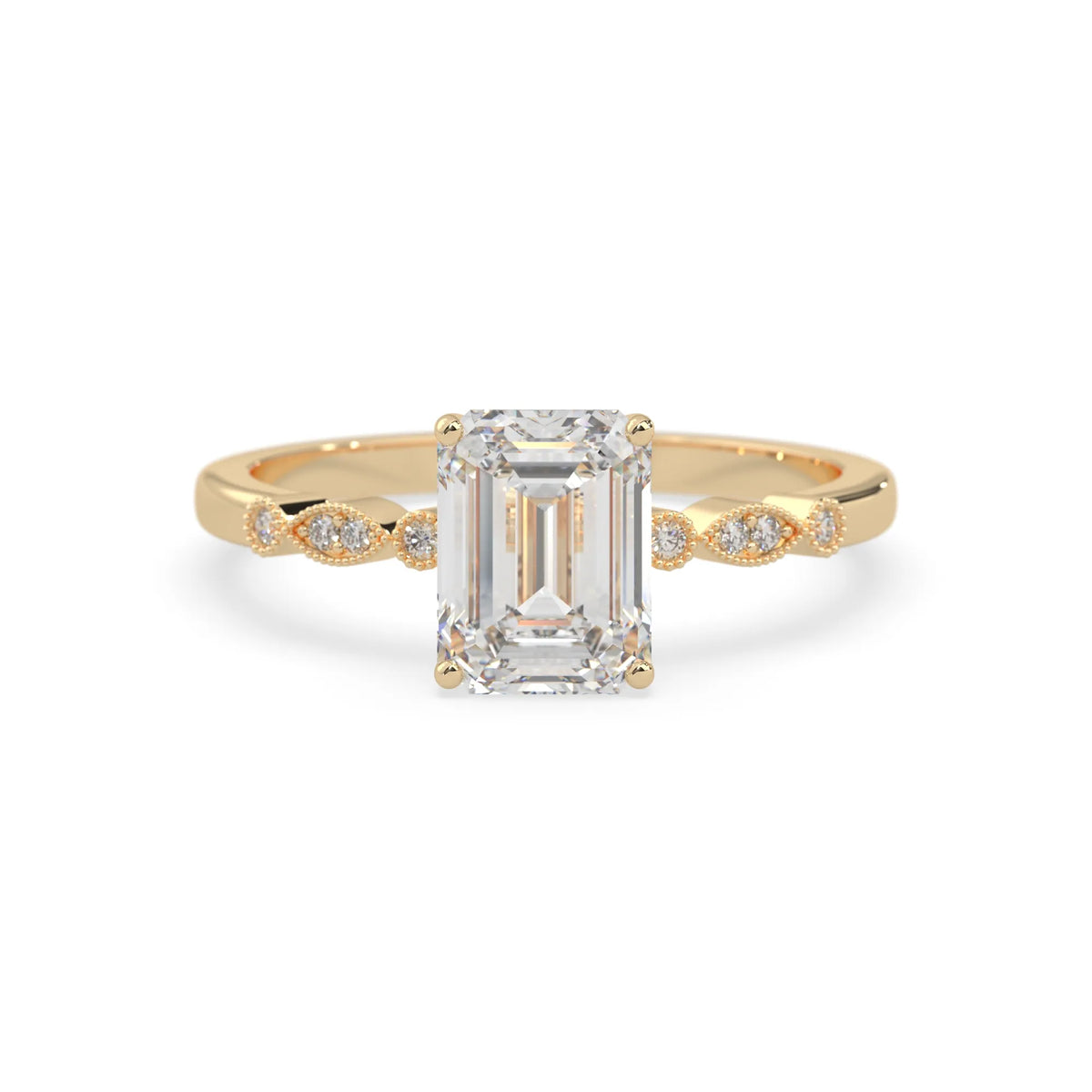Emerald vintage pave lab grown diamond engagement ring with 2 carat center diamond in yellow gold