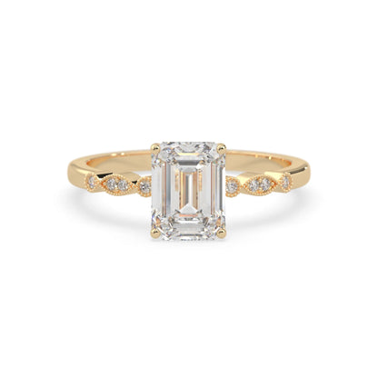 Emerald vintage pave lab grown diamond engagement ring with 2 carat center diamond in yellow gold