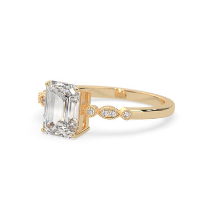 Emerald vintage pave lab grown diamond engagement ring with 2 carat center diamond in yellow gold