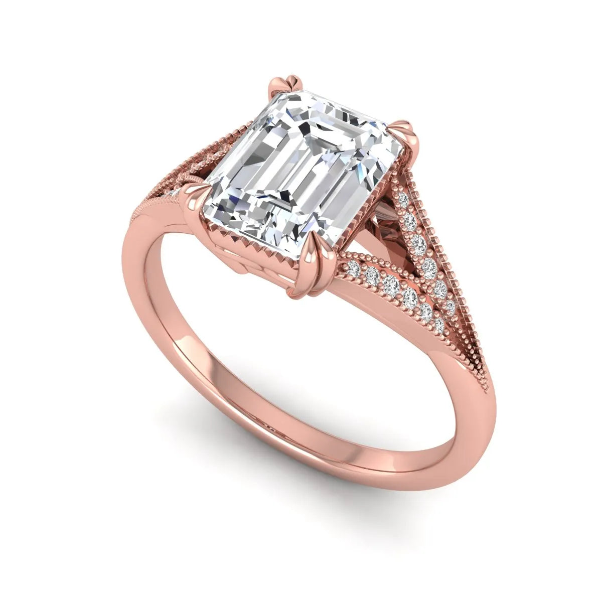 Emerald cut lab grown diamond engagement ring with round diamond split shank, milgrain detailing, and classic four prong setting in rose gold