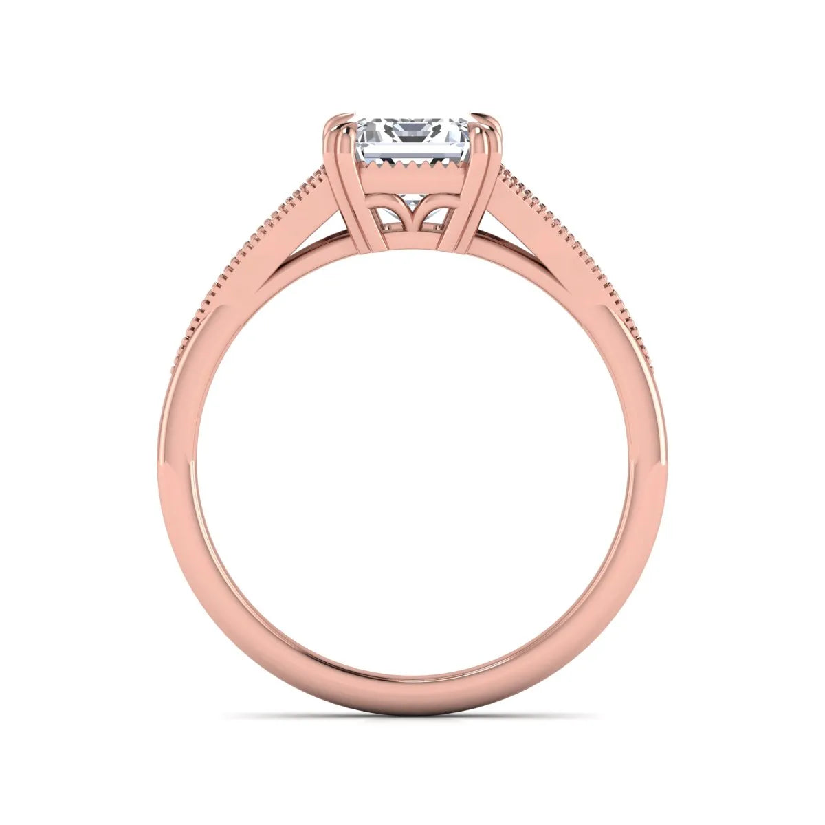 Emerald cut lab grown diamond engagement ring with round diamond split shank, milgrain detailing, and classic four prong setting in rose gold