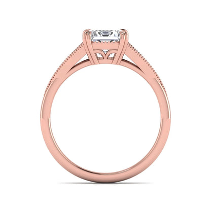 Emerald cut lab grown diamond engagement ring with round diamond split shank, milgrain detailing, and classic four prong setting in rose gold