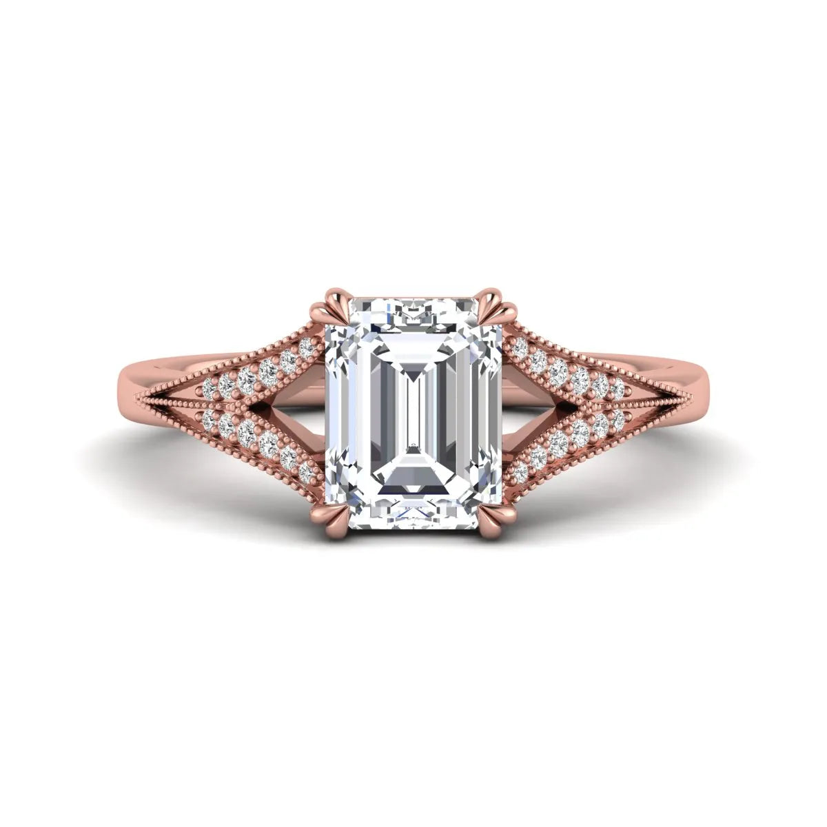Emerald cut lab grown diamond engagement ring with round diamond split shank, milgrain detailing, and classic four prong setting in rose gold
