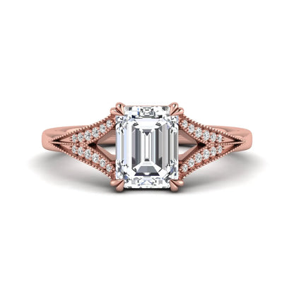 Emerald cut lab grown diamond engagement ring with round diamond split shank, milgrain detailing, and classic four prong setting in rose gold