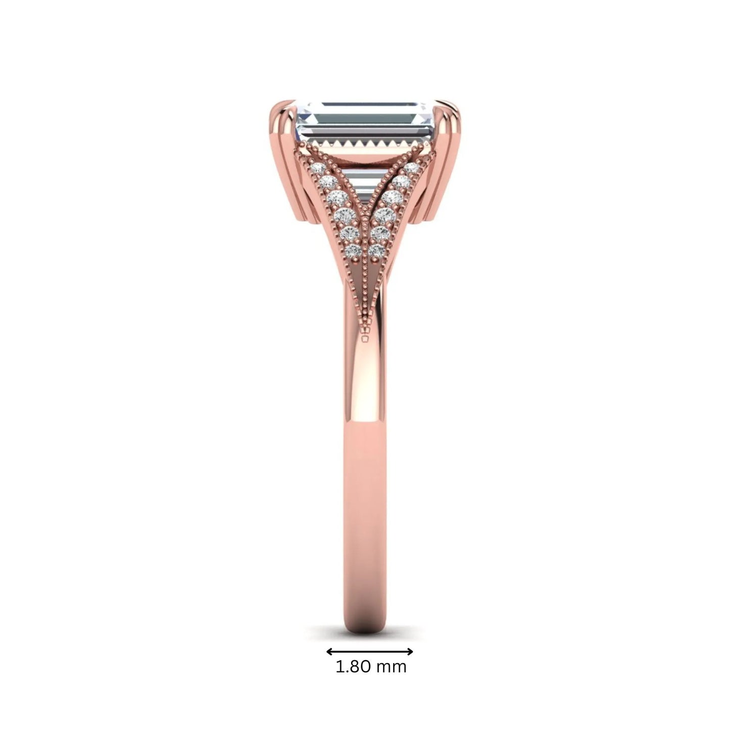Emerald cut lab grown diamond engagement ring with round diamond split shank, milgrain detailing, and classic four prong setting in rose gold