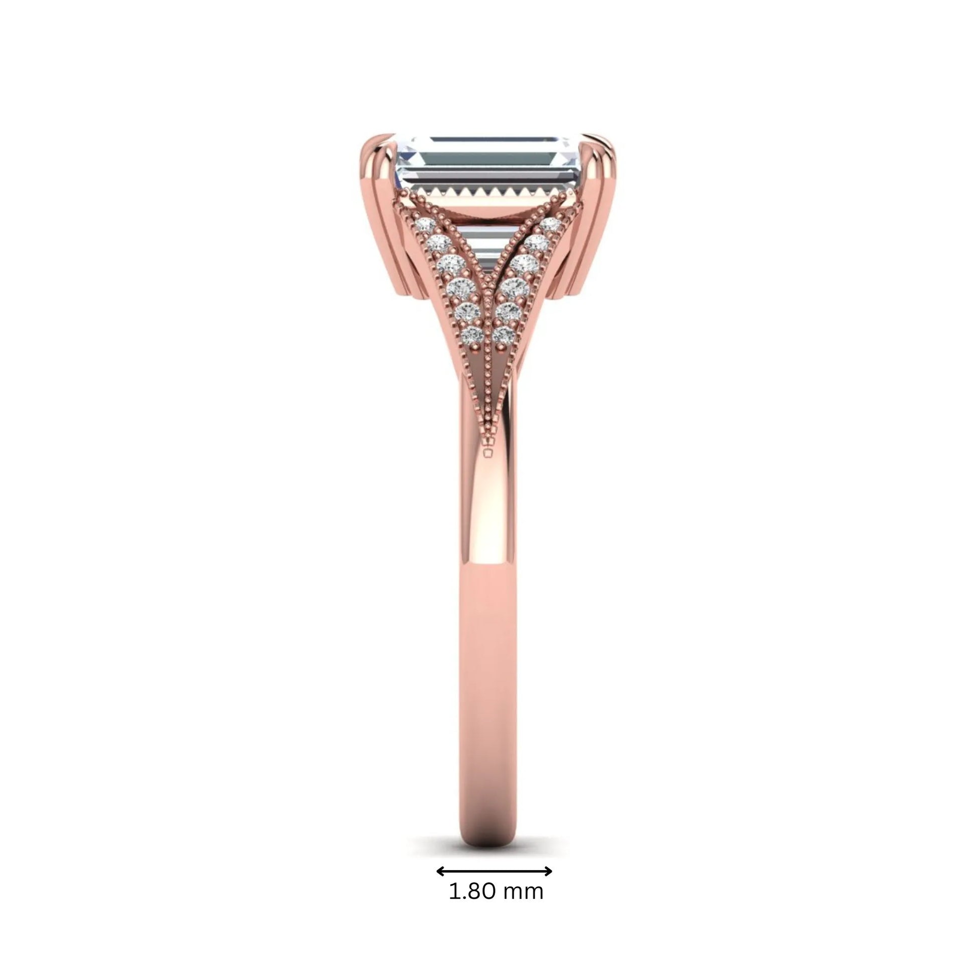 Emerald cut lab grown diamond engagement ring with round diamond split shank, milgrain detailing, and classic four prong setting in rose gold