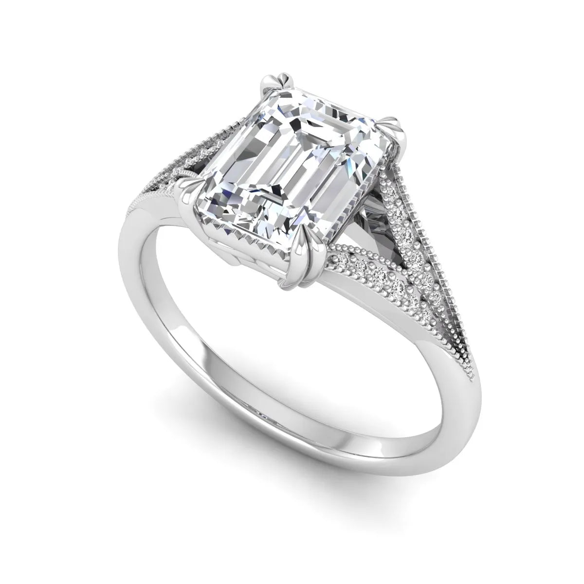 Emerald cut lab grown diamond engagement ring with round diamond split shank, milgrain detailing, and classic four prong setting in white gold