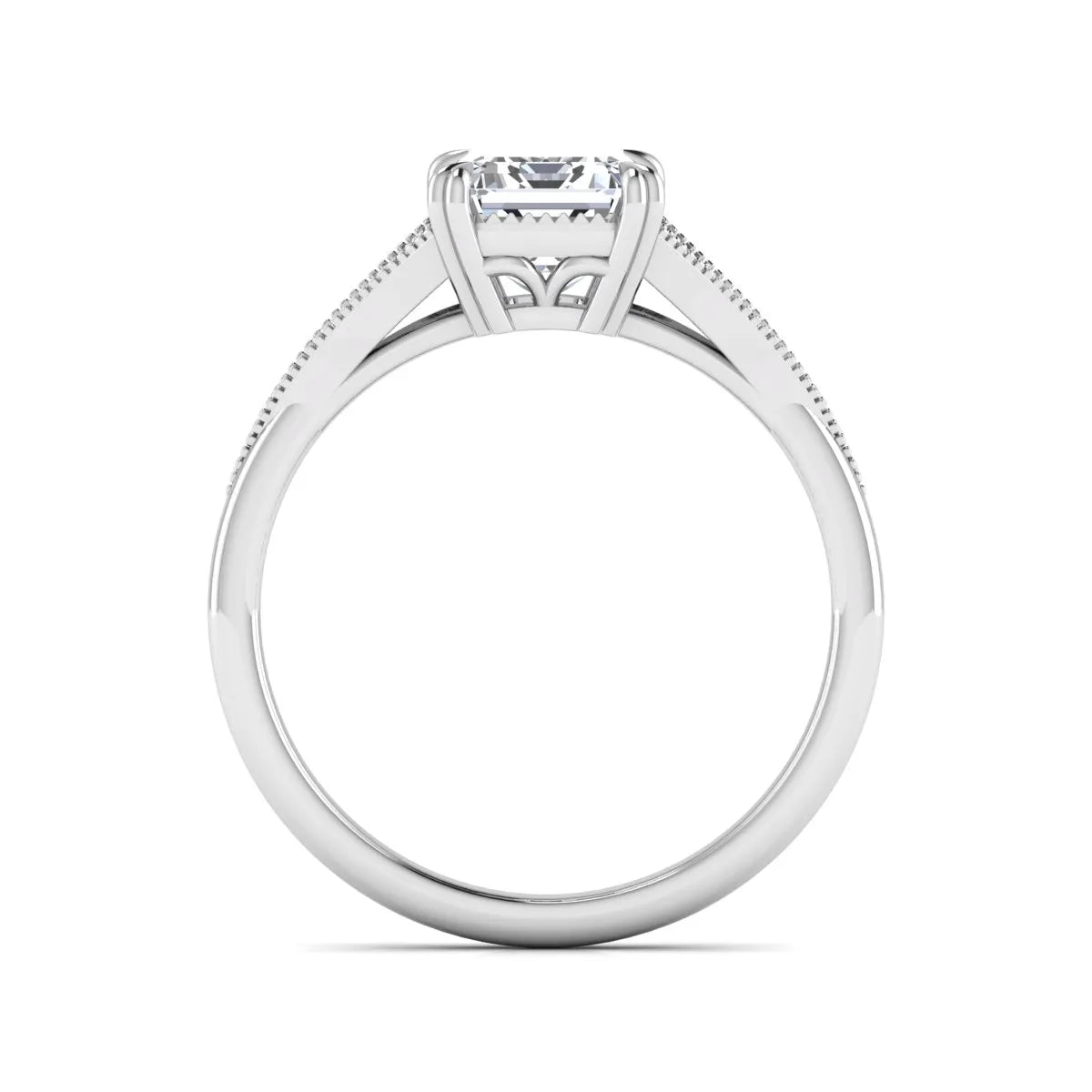 Emerald cut lab grown diamond engagement ring with round diamond split shank, milgrain detailing, and classic four prong setting in white gold