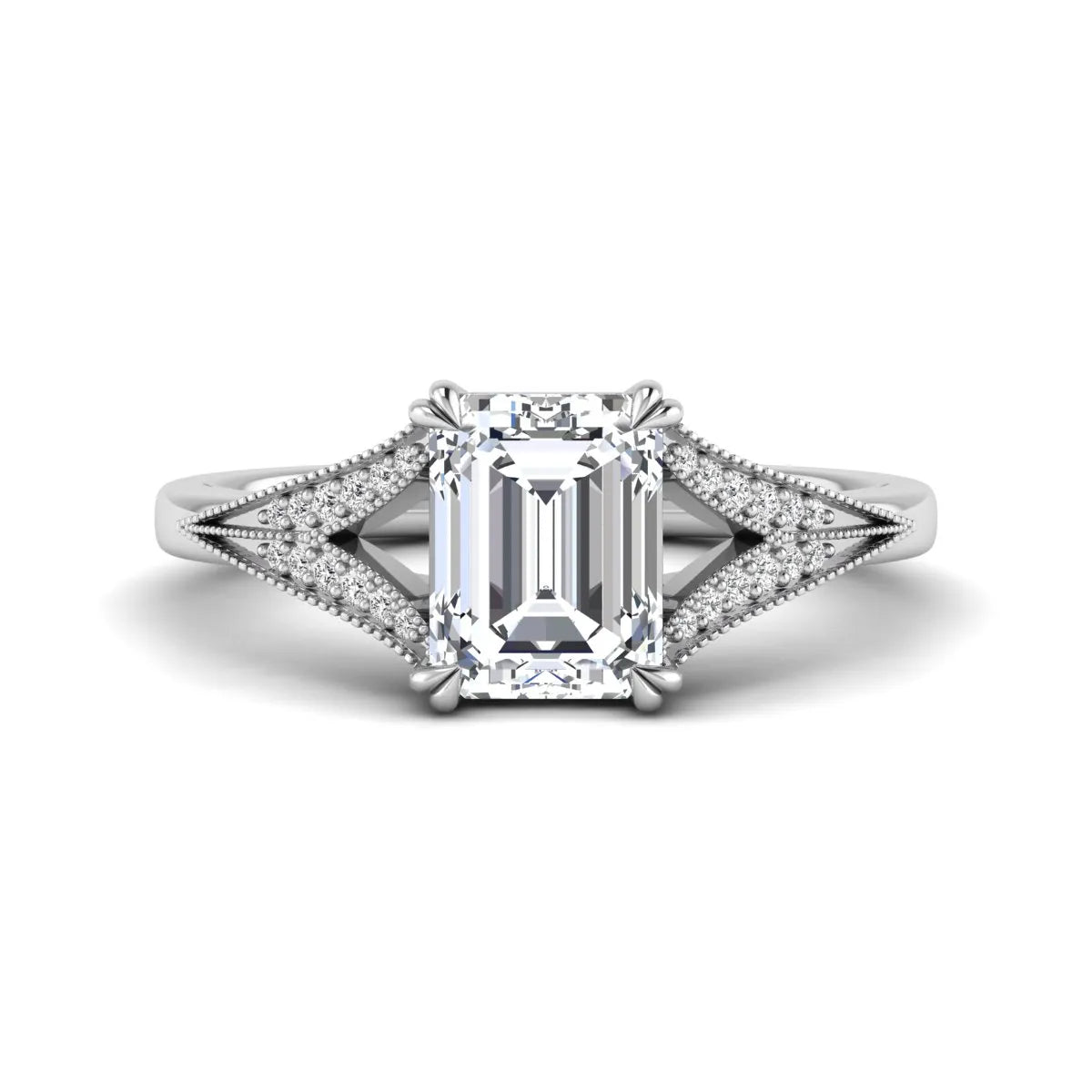Emerald cut lab grown diamond engagement ring with round diamond split shank, milgrain detailing, and classic four prong setting in white gold