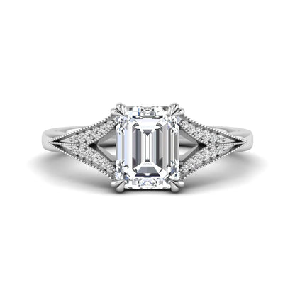 Emerald cut lab grown diamond engagement ring with round diamond split shank, milgrain detailing, and classic four prong setting in white gold