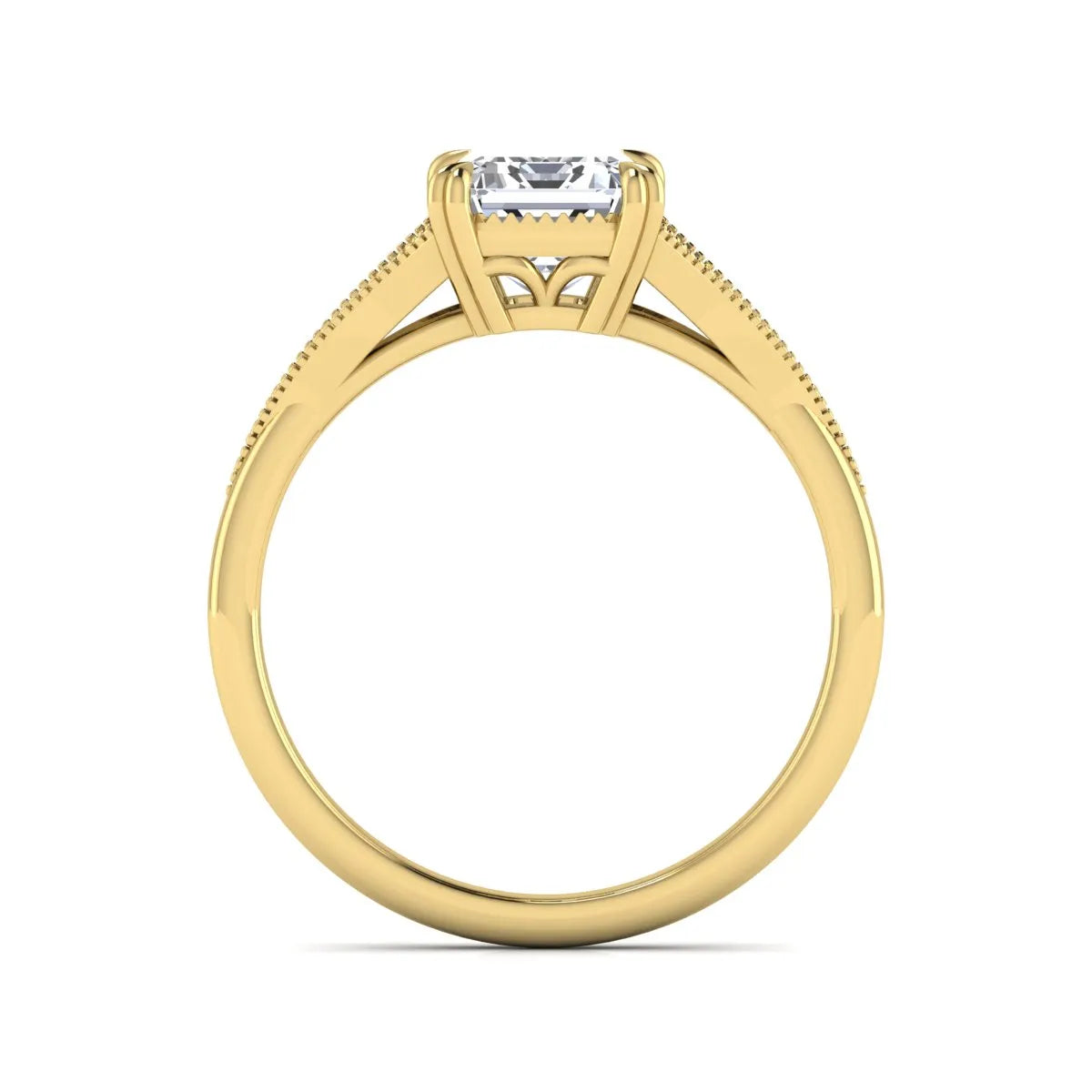 Emerald cut lab grown diamond engagement ring with round diamond split shank, milgrain detailing, and classic four prong setting in yellow gold