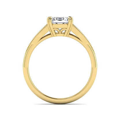 Emerald cut lab grown diamond engagement ring with round diamond split shank, milgrain detailing, and classic four prong setting in yellow gold