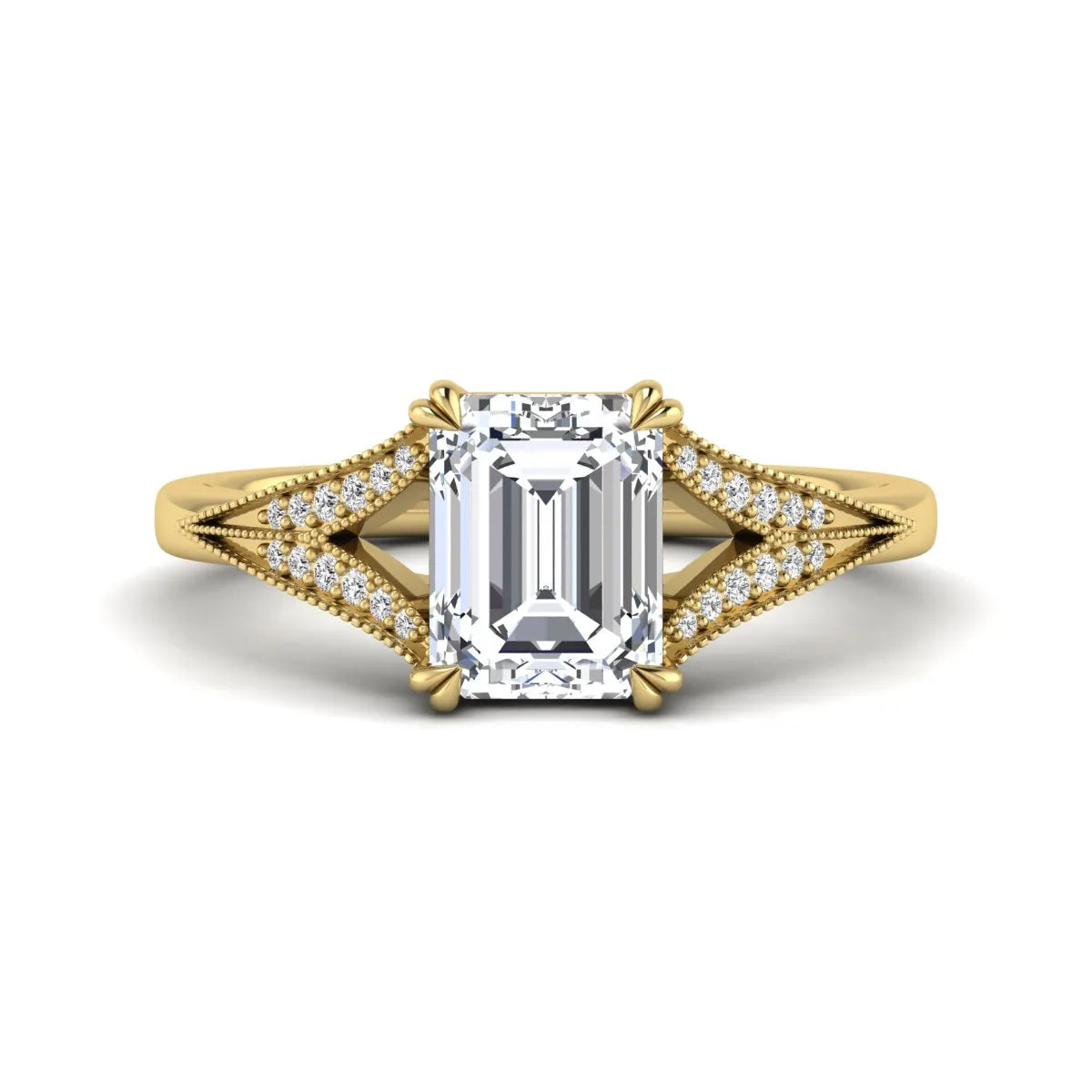 Emerald cut lab grown diamond engagement ring with round diamond split shank, milgrain detailing, and classic four prong setting in yellow gold