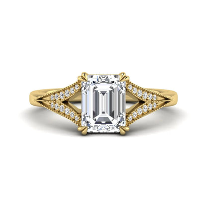 Emerald cut lab grown diamond engagement ring with round diamond split shank, milgrain detailing, and classic four prong setting in yellow gold