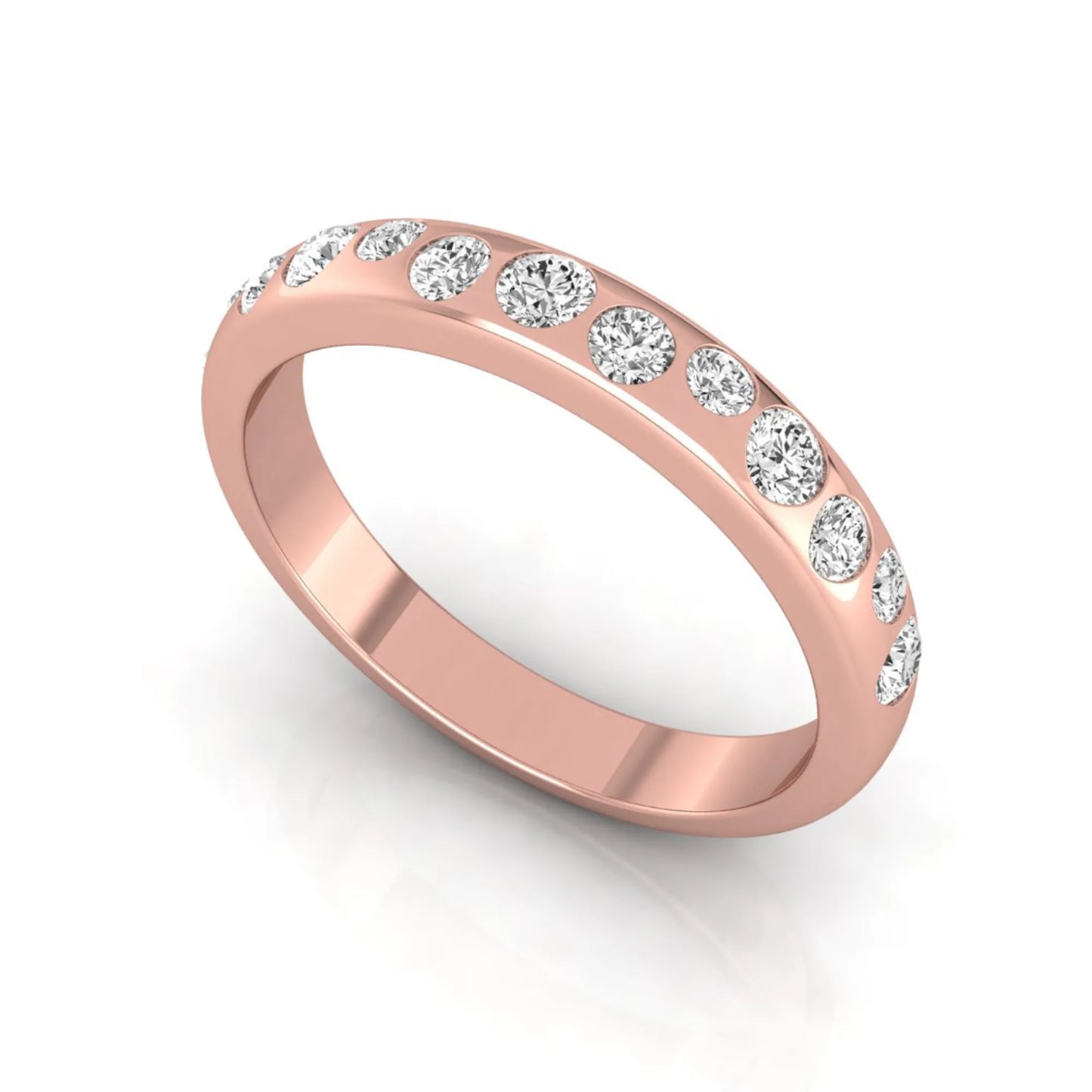 Flush set graduated round cut lab grown diamond band ring in polished rose gold with a modern half eternity design.