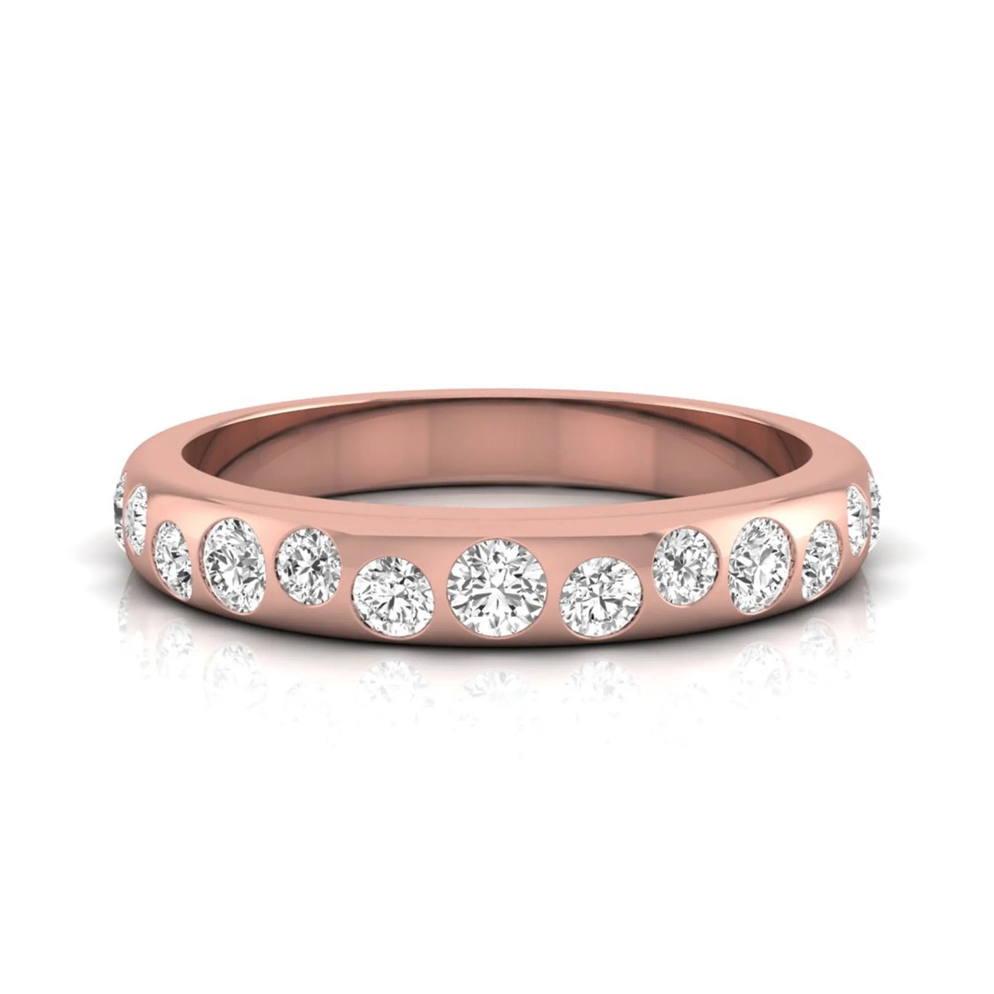 Flush set graduated round cut lab grown diamond band ring in polished rose gold with a modern half eternity design.