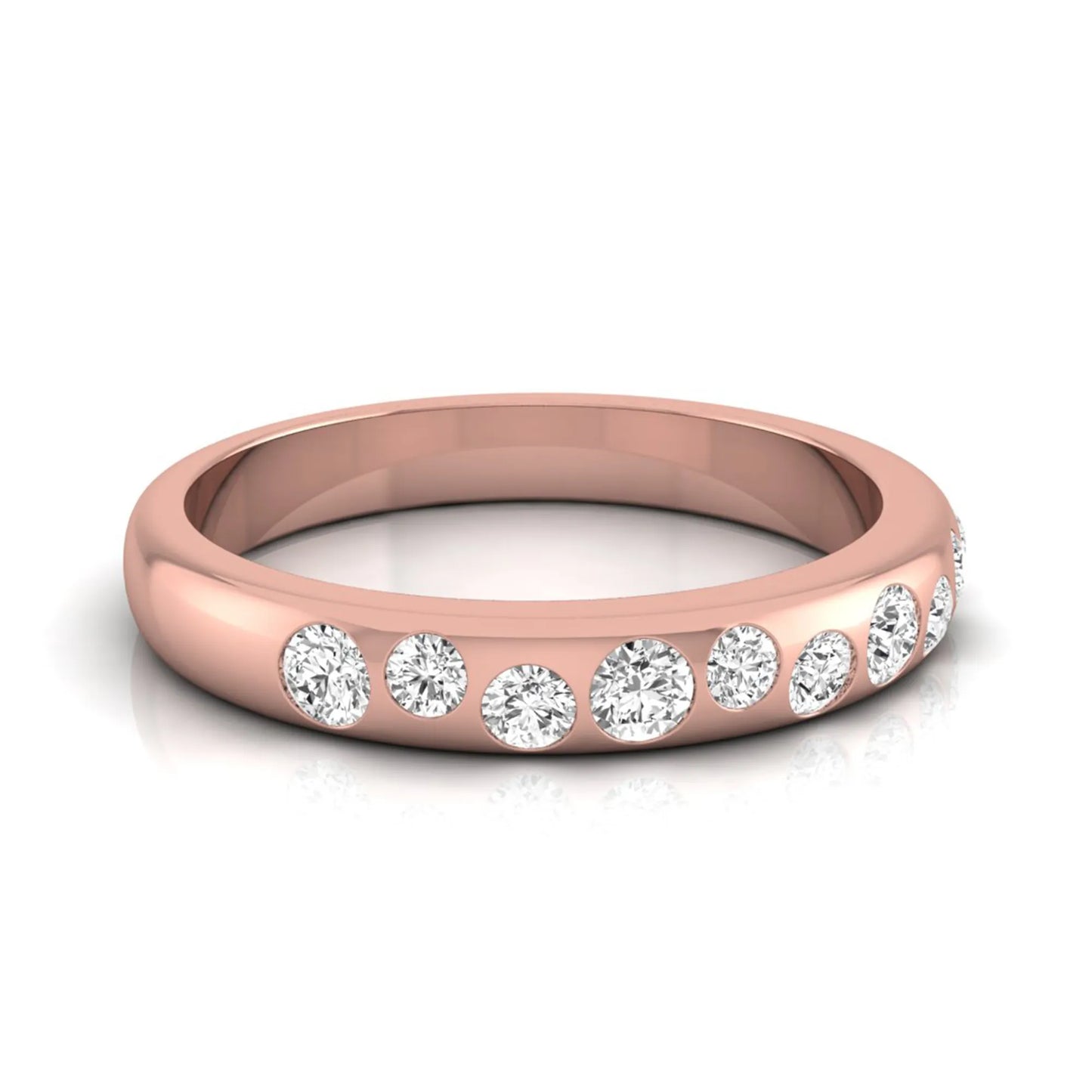 Flush set graduated round cut lab grown diamond band ring in polished rose gold with a modern half eternity design.
