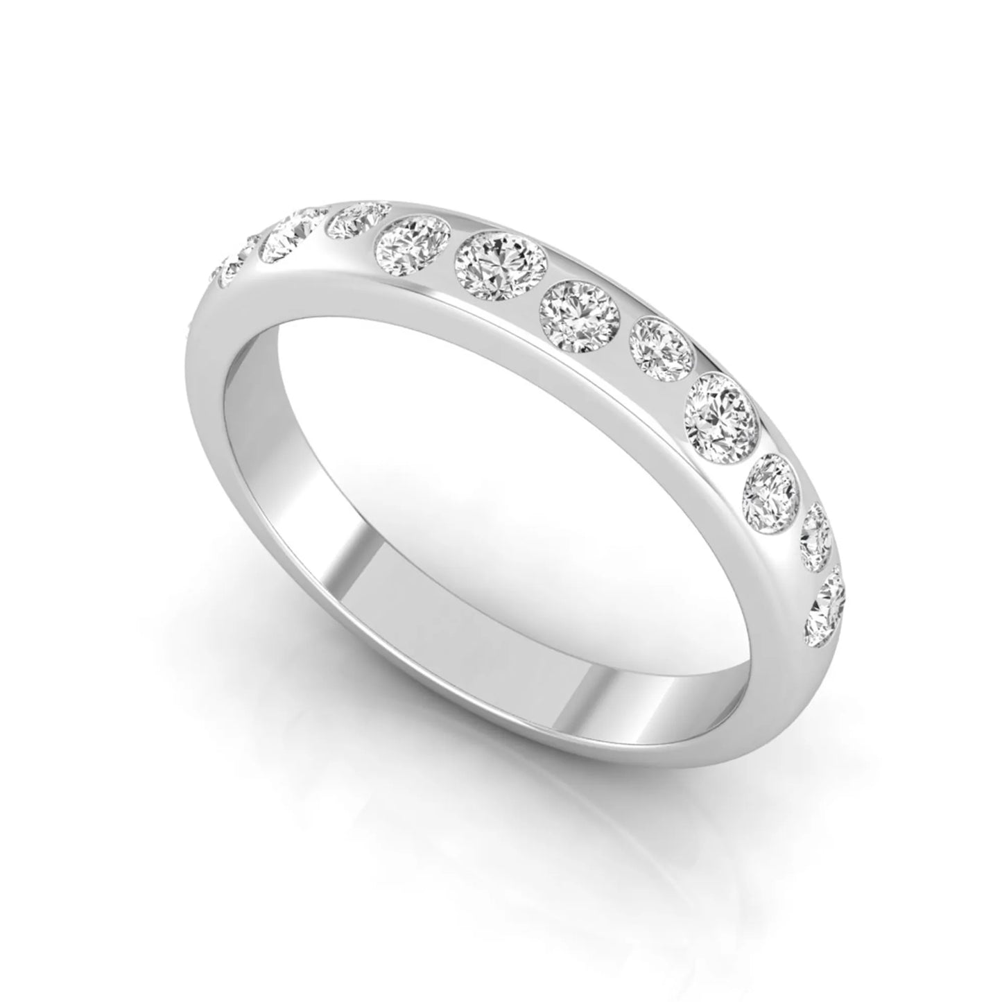 Flush set graduated round cut lab grown diamond band ring in polished white gold with a modern half eternity design.