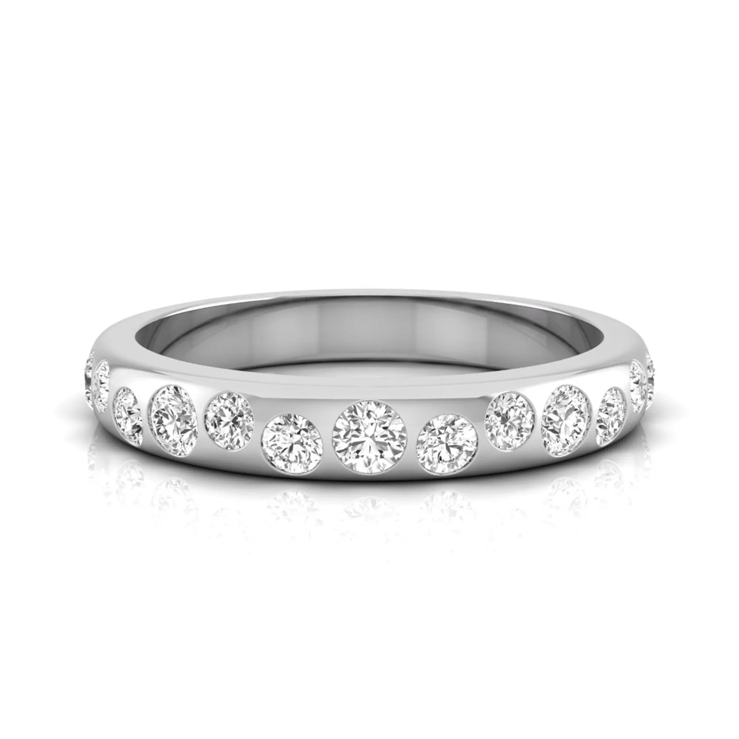 Flush set graduated round cut lab grown diamond band ring in polished white gold with a modern half eternity design.