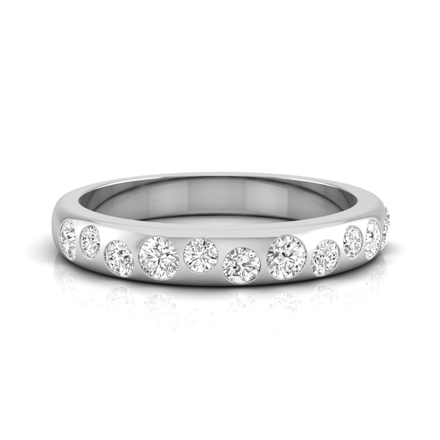Flush set graduated round cut lab grown diamond band ring in polished white gold with a modern half eternity design.