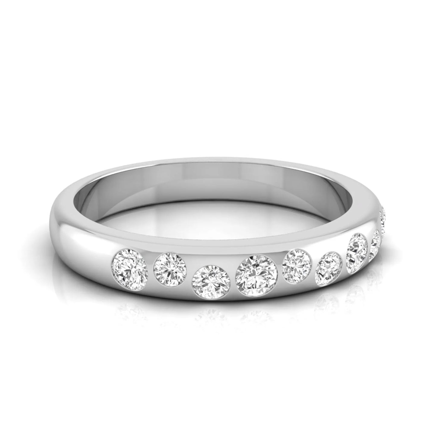 Flush set graduated round cut lab grown diamond band ring in polished white gold with a modern half eternity design.