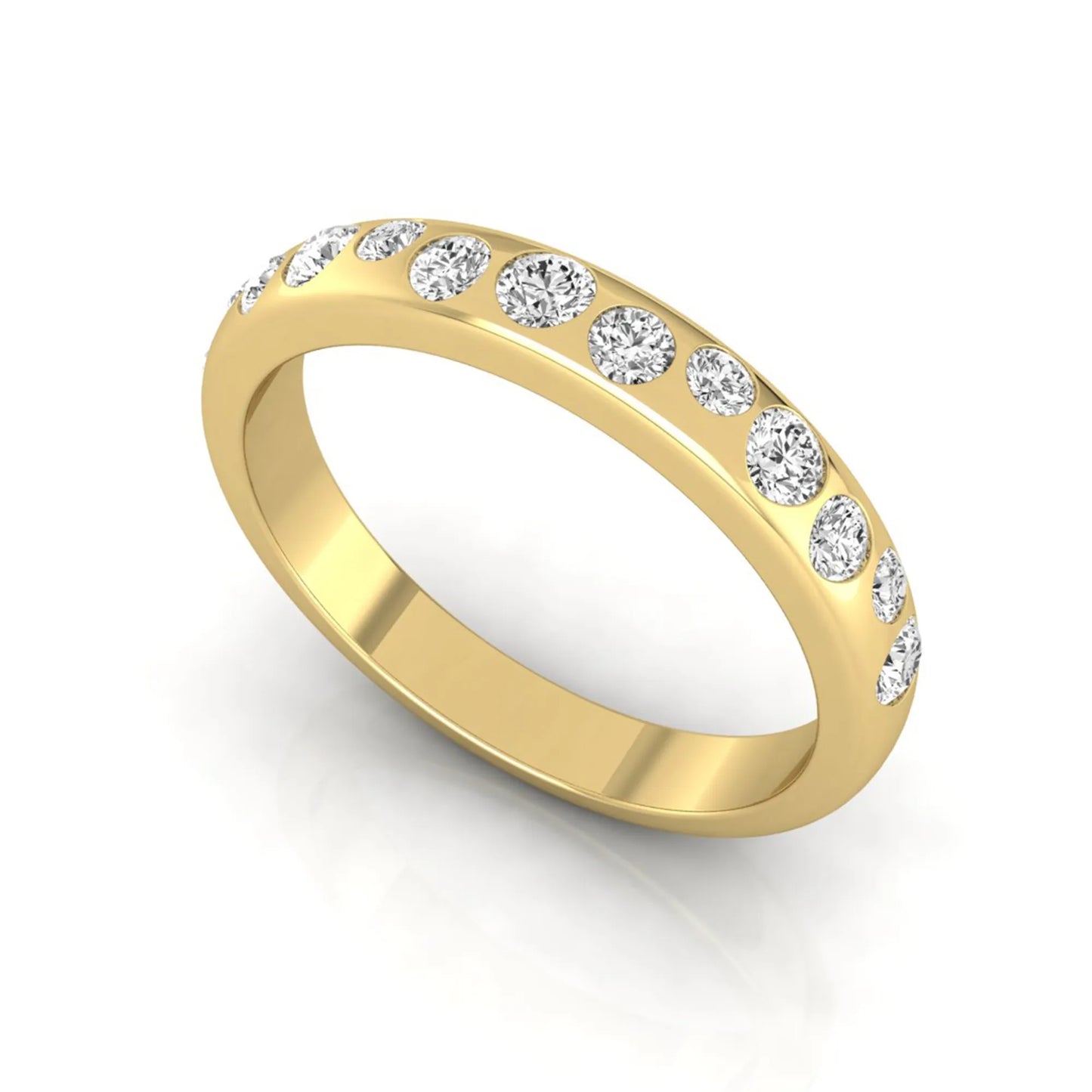 Flush set graduated round cut lab grown diamond band ring in polished yellow gold with a modern half eternity design.