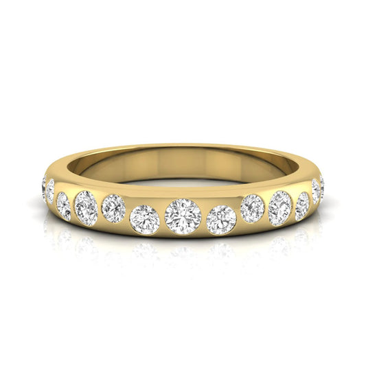 Flush set graduated round cut lab grown diamond band ring in polished yellow gold with a modern half eternity design.