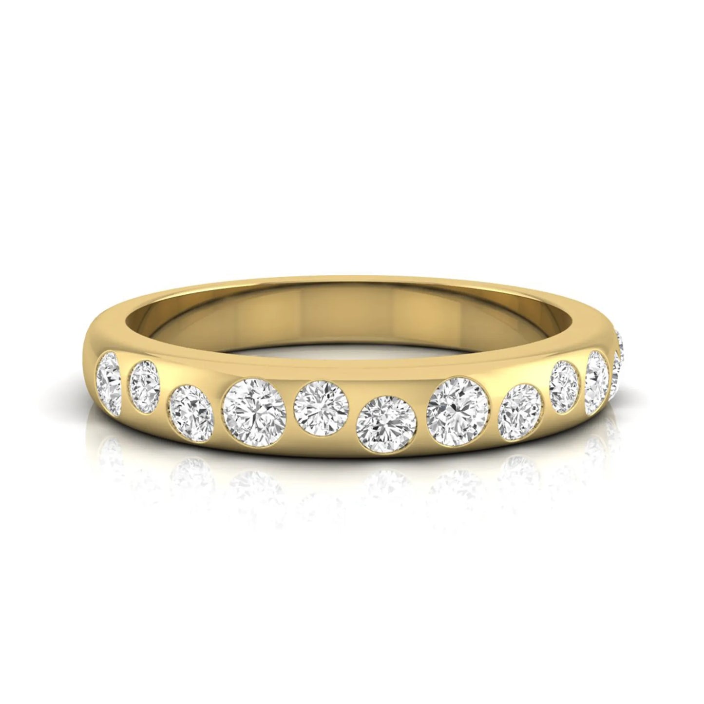 Flush set graduated round cut lab grown diamond band ring in polished yellow gold with a modern half eternity design.