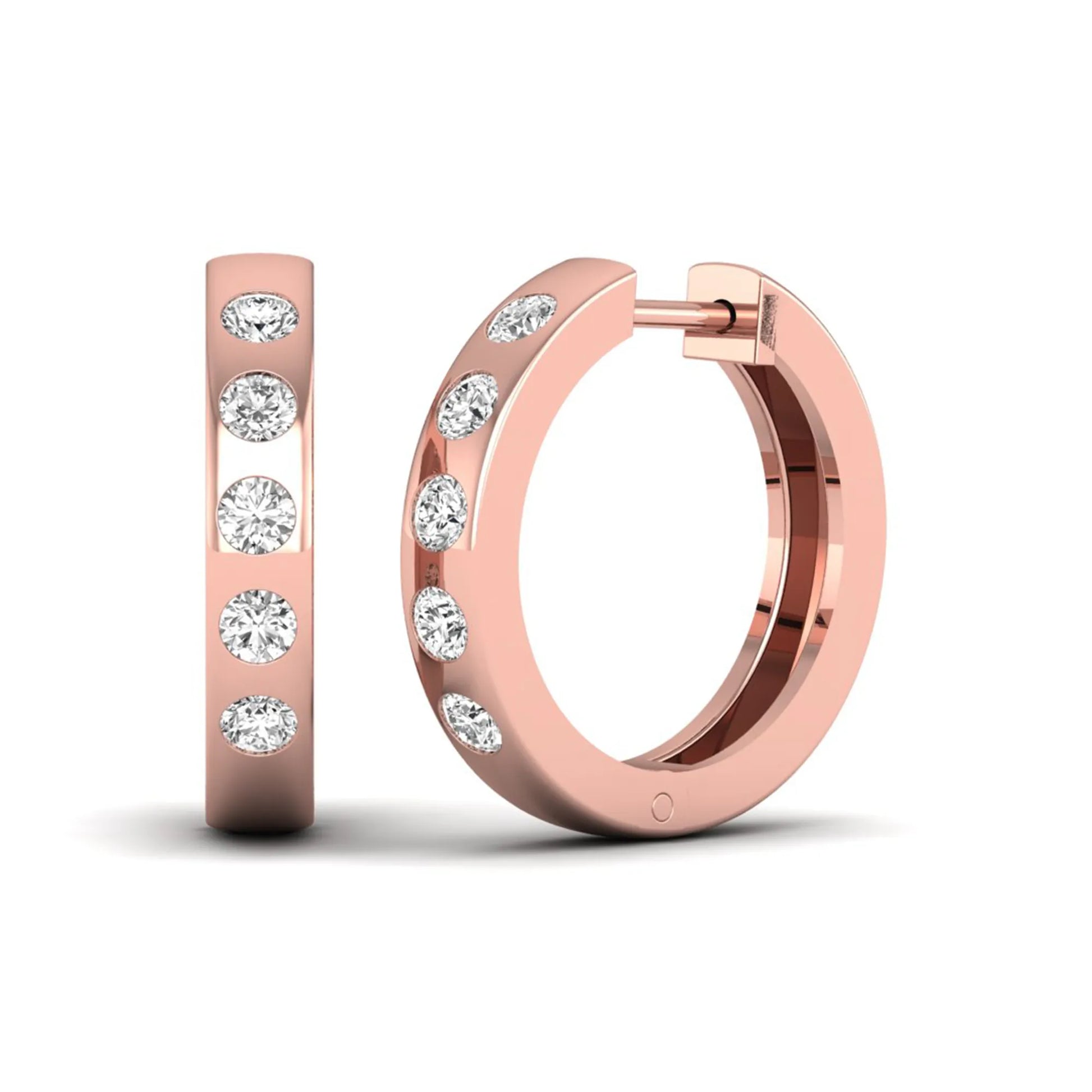 Flush set round cut lab grown diamond huggie hoop earrings featuring a polished rose gold design and hinged snap closure.